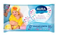 AURA Влажные салфетки детские 15 шт Ultra Comfort, 0+, без спирта