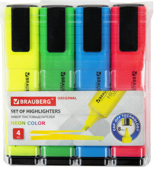 Маркеры-текстовыделители набор 4 шт, BRAUBERG "ORIGINAL NEON", линия письма 1-5 мм Маркеры-текстовыделители набор 4 шт, BRAUBERG "ORIGINAL NEON", линия письма 1-5 мм