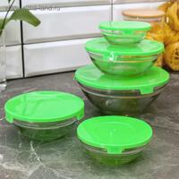 Набор салатников с крышками 5 шт: 130/200/350/500/900 мл "Классика", цвет зеленый 