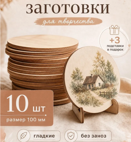 Круглые заготовки для творчества, 10 шт, круг 10 см из дерева (фанера 3 мм) Круглые заготовки для творчества, 10 шт, круг 10 см из дерева (фанера 3 мм)