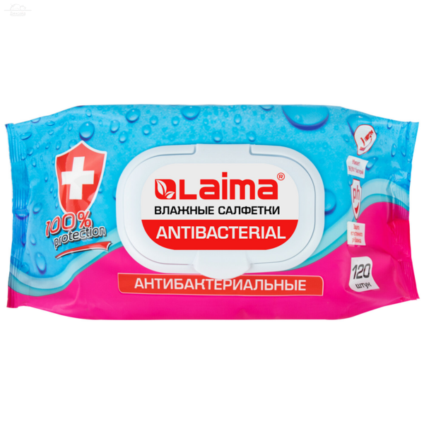 Салфетки влажные 120 шт., LAIMA "Antibacterial" с пластиковым клапаном Салфетки влажные 120 шт., LAIMA "Antibacterial" с пластиковым клапаном